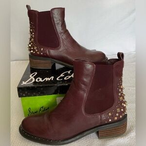 Sam Edelman Burgundy and Gold Ankle Boots with Chunky Heel
